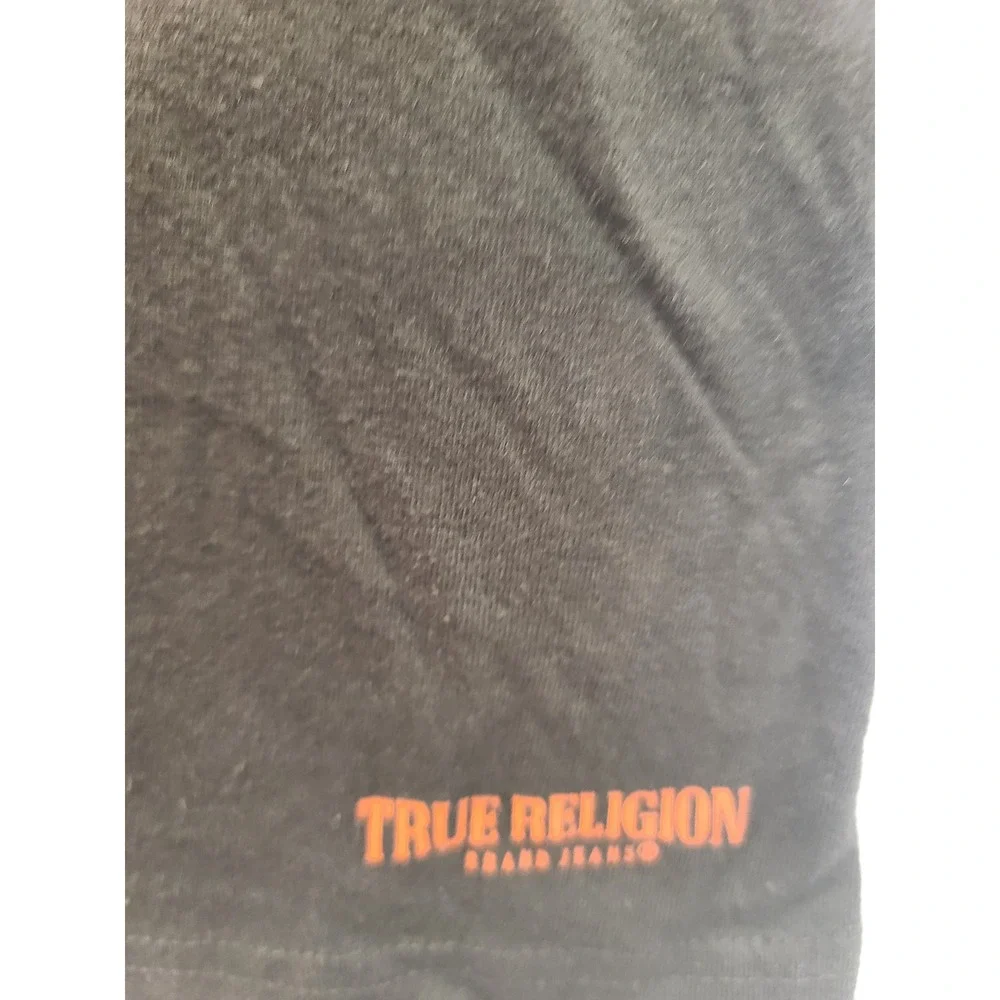 True Religion Men's Black V-Neck T-Shirt‎ XL Cotton Orange Logo Graphic Tee